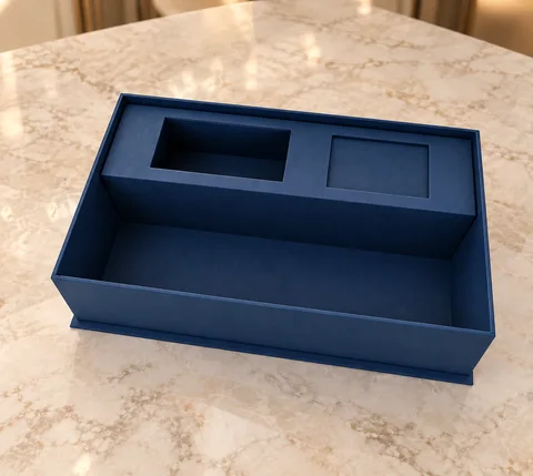 Interior de caixa azul com berço e divisórias para produtos