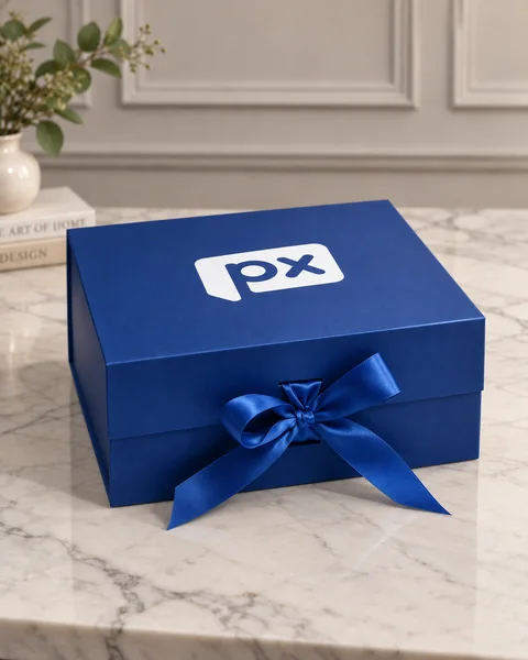 Caixa azul personalizada PX com laço de cetim
