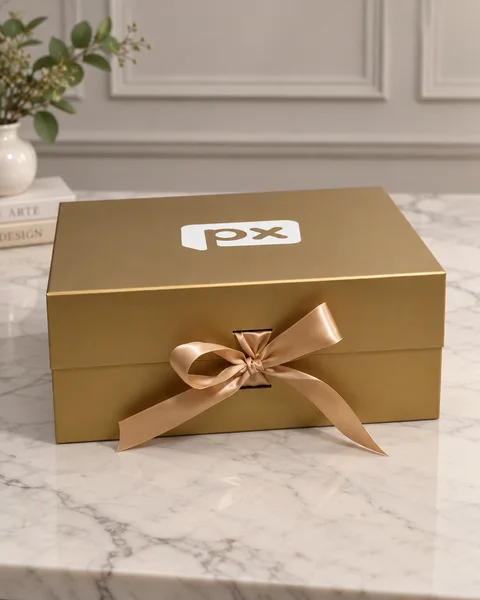 Caixa dourada personalizada PX com laço de cetim
