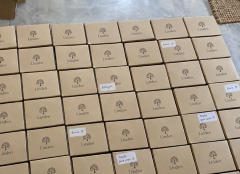 Caixas kraft com a marca Linden organizadas lado a lado