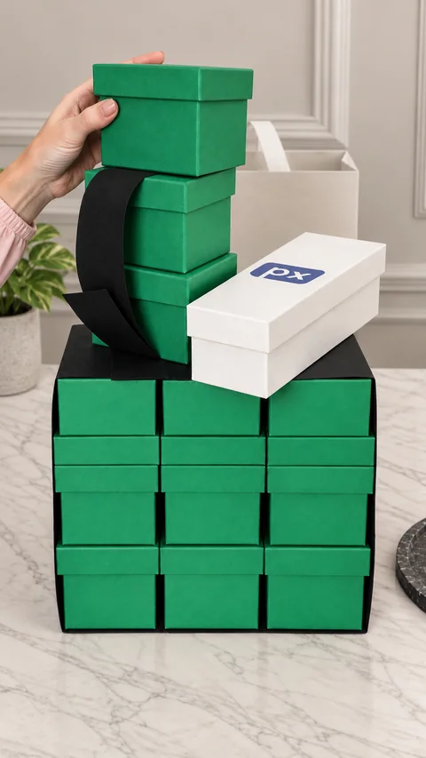 Detalhe das caixas verdes com faixa preta e caixa branca PX