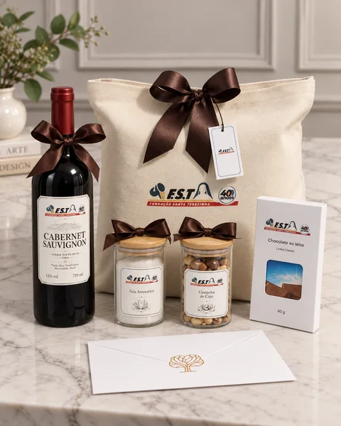 Kit FST com sacola de tecido, vinho, vela, castanhas e chocolate